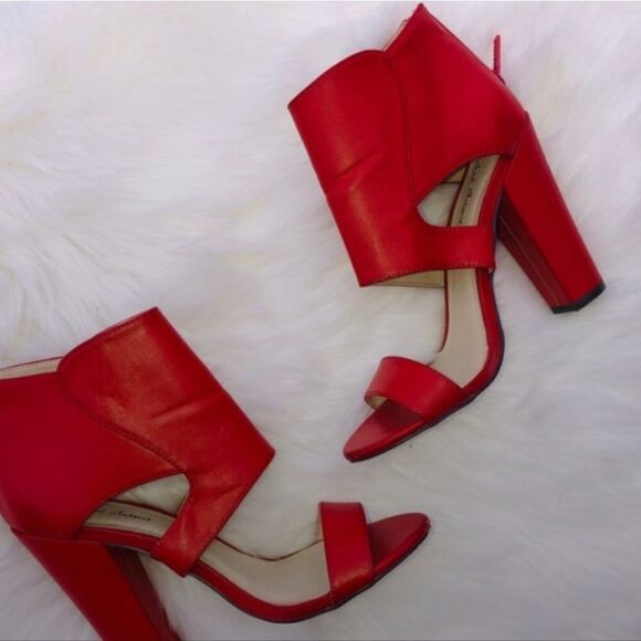 Vegan Leather Fire Engine Red Boho Chunky Heels - Picture 2 of 4